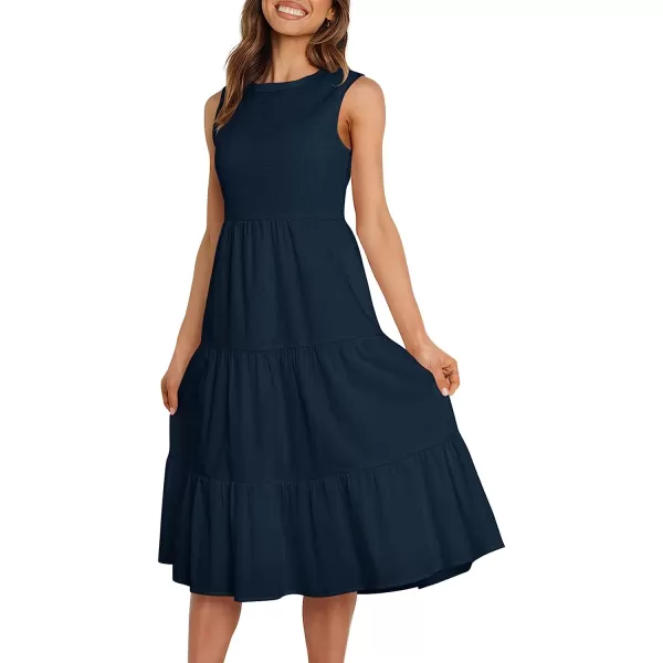 imageANRABESS Womens Summer Sleeveless Smocked Sundress Elastic Waist Tiered Swing A Line Beach Midi Dress with PocketsNavy Blue