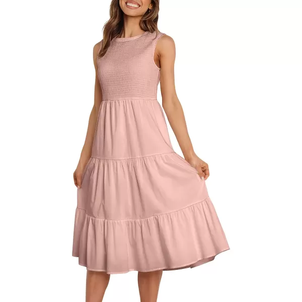 imageANRABESS Womens Summer Sleeveless Smocked Sundress Elastic Waist Tiered Swing A Line Beach Midi Dress with PocketsPink