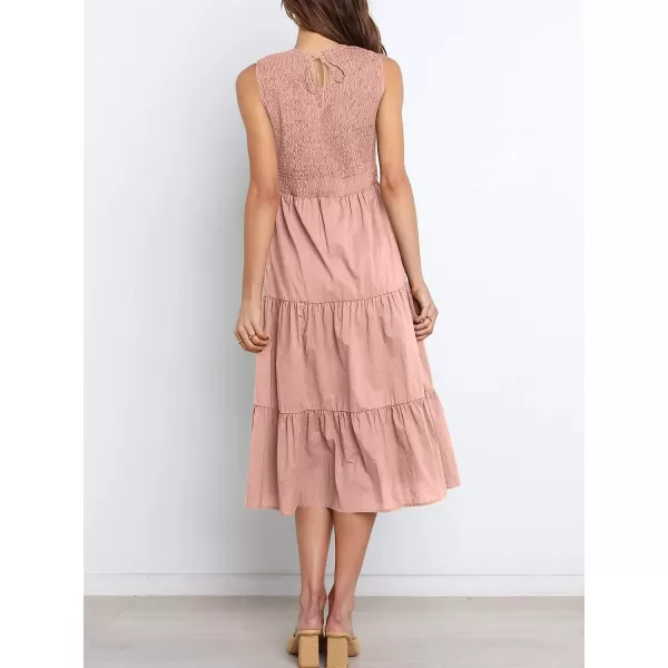 imageANRABESS Womens Summer Sleeveless Smocked Sundress Elastic Waist Tiered Swing A Line Beach Midi Dress with PocketsPink
