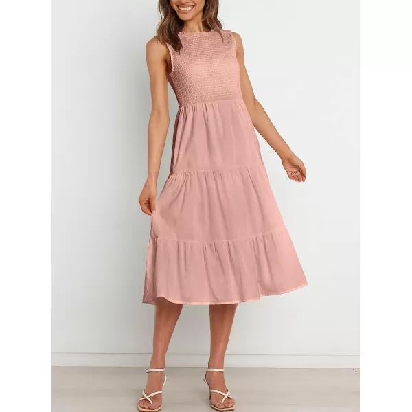 imageANRABESS Womens Summer Sleeveless Smocked Sundress Elastic Waist Tiered Swing A Line Beach Midi Dress with PocketsPink
