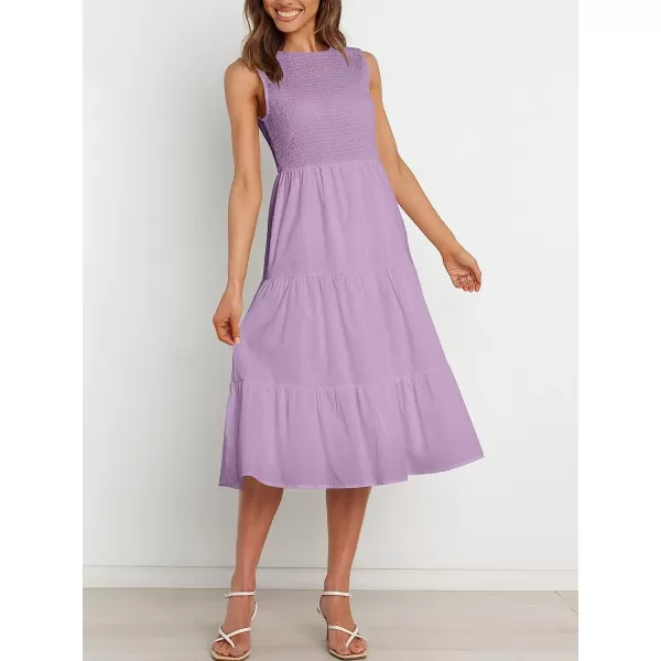 imageANRABESS Womens Summer Sleeveless Smocked Sundress Elastic Waist Tiered Swing A Line Beach Midi Dress with PocketsPurple
