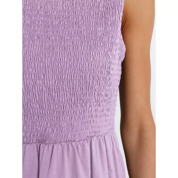 imageANRABESS Womens Summer Sleeveless Smocked Sundress Elastic Waist Tiered Swing A Line Beach Midi Dress with PocketsPurple