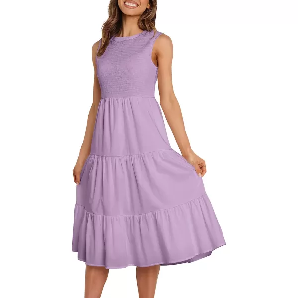 imageANRABESS Womens Summer Sleeveless Smocked Sundress Elastic Waist Tiered Swing A Line Beach Midi Dress with PocketsPurple