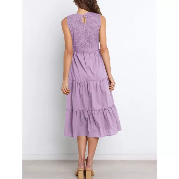 imageANRABESS Womens Summer Sleeveless Smocked Sundress Elastic Waist Tiered Swing A Line Beach Midi Dress with PocketsPurple