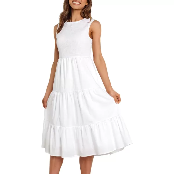 imageANRABESS Womens Summer Sleeveless Smocked Sundress Elastic Waist Tiered Swing A Line Beach Midi Dress with PocketsWhite