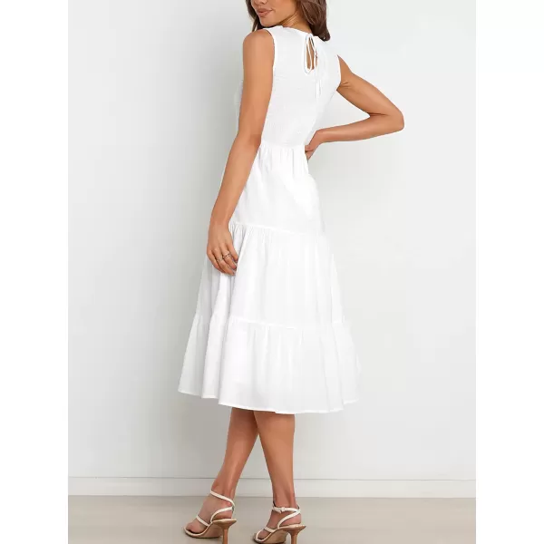 imageANRABESS Womens Summer Sleeveless Smocked Sundress Elastic Waist Tiered Swing A Line Beach Midi Dress with PocketsWhite