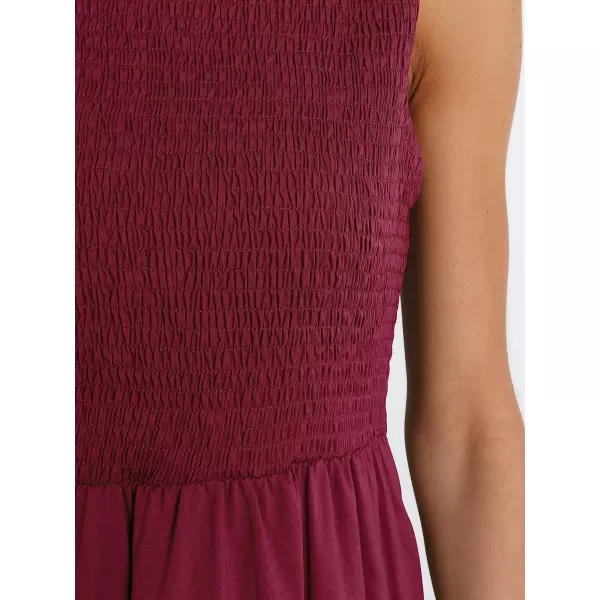 imageANRABESS Womens Summer Sleeveless Smocked Sundress Elastic Waist Tiered Swing A Line Beach Midi Dress with PocketsWine Red