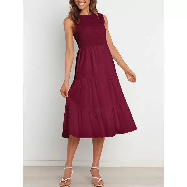 imageANRABESS Womens Summer Sleeveless Smocked Sundress Elastic Waist Tiered Swing A Line Beach Midi Dress with PocketsWine Red