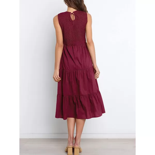 imageANRABESS Womens Summer Sleeveless Smocked Sundress Elastic Waist Tiered Swing A Line Beach Midi Dress with PocketsWine Red