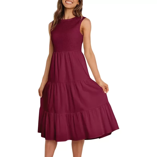 imageANRABESS Womens Summer Sleeveless Smocked Sundress Elastic Waist Tiered Swing A Line Beach Midi Dress with PocketsWine Red