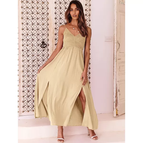 imageANRABESS Womens Summer Sleeveless Spaghetti Strap V Neck Smocked Backless Slit Maxi Beach DressApricort
