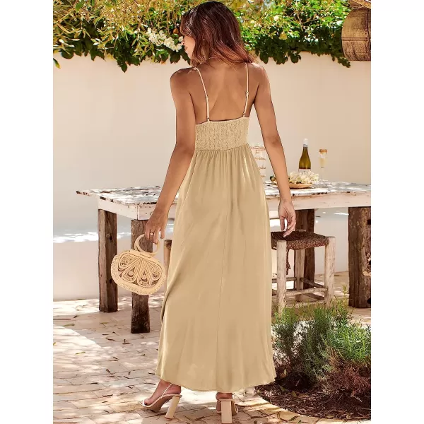 imageANRABESS Womens Summer Sleeveless Spaghetti Strap V Neck Smocked Backless Slit Maxi Beach DressApricort