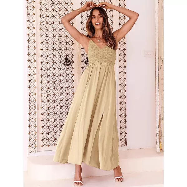 imageANRABESS Womens Summer Sleeveless Spaghetti Strap V Neck Smocked Backless Slit Maxi Beach DressApricort