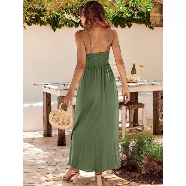 imageANRABESS Womens Summer Sleeveless Spaghetti Strap V Neck Smocked Backless Slit Maxi Beach DressArmy Green