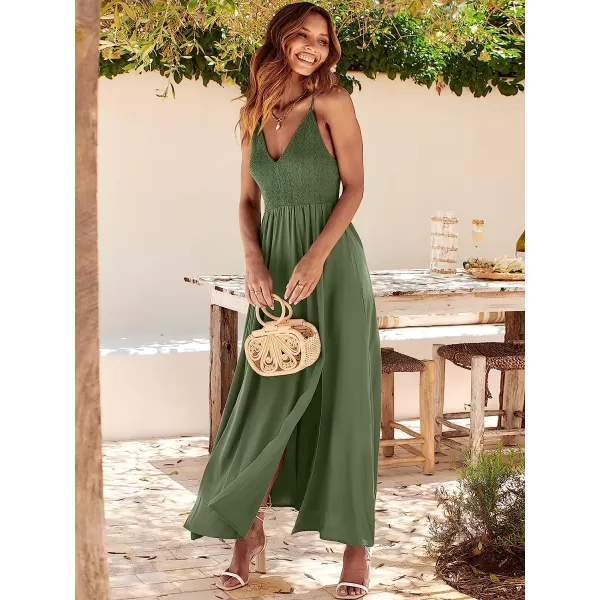 imageANRABESS Womens Summer Sleeveless Spaghetti Strap V Neck Smocked Backless Slit Maxi Beach DressArmy Green