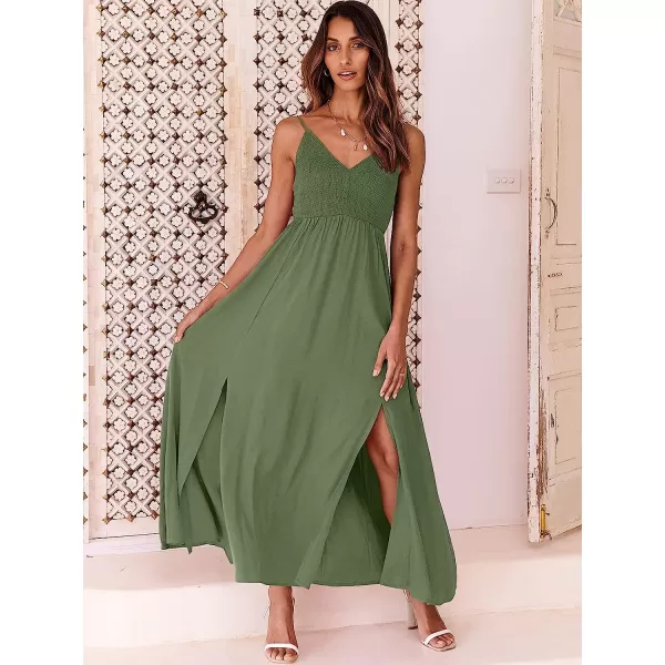 imageANRABESS Womens Summer Sleeveless Spaghetti Strap V Neck Smocked Backless Slit Maxi Beach DressArmy Green