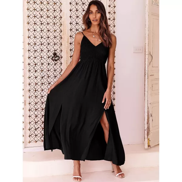 imageANRABESS Womens Summer Sleeveless Spaghetti Strap V Neck Smocked Backless Slit Maxi Beach DressBlack
