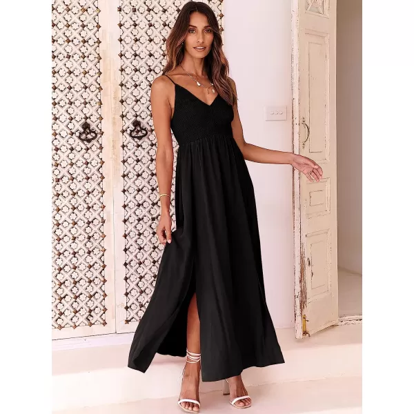 imageANRABESS Womens Summer Sleeveless Spaghetti Strap V Neck Smocked Backless Slit Maxi Beach DressBlack