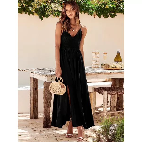 imageANRABESS Womens Summer Sleeveless Spaghetti Strap V Neck Smocked Backless Slit Maxi Beach DressBlack