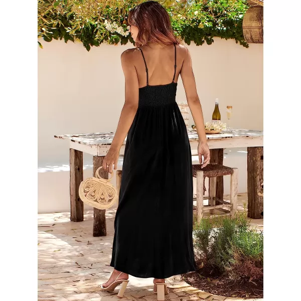 imageANRABESS Womens Summer Sleeveless Spaghetti Strap V Neck Smocked Backless Slit Maxi Beach DressBlack