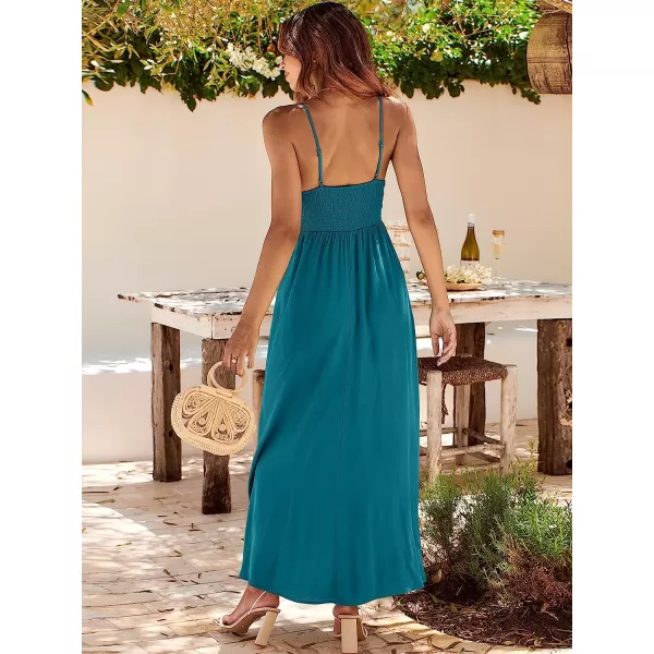 imageANRABESS Womens Summer Sleeveless Spaghetti Strap V Neck Smocked Backless Slit Maxi Beach DressCyan