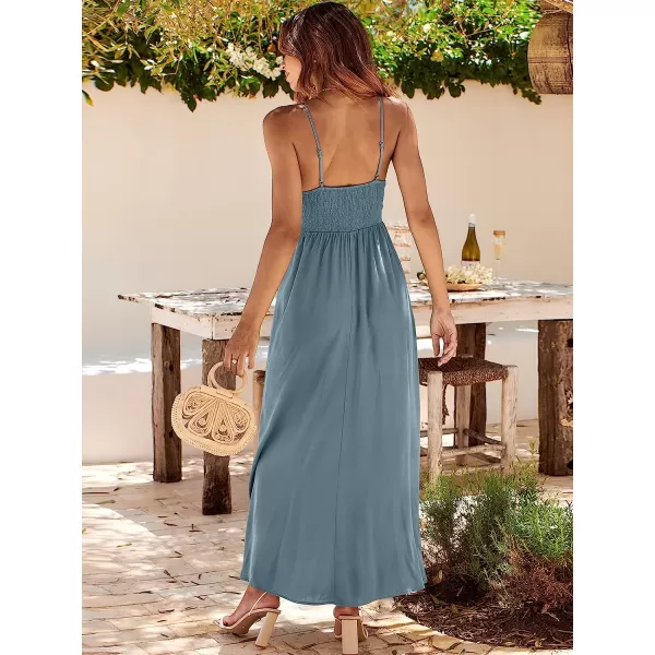 imageANRABESS Womens Summer Sleeveless Spaghetti Strap V Neck Smocked Backless Slit Maxi Beach DressLake Blue