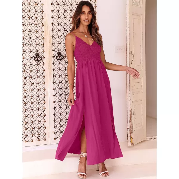 imageANRABESS Womens Summer Sleeveless Spaghetti Strap V Neck Smocked Backless Slit Maxi Beach DressRose