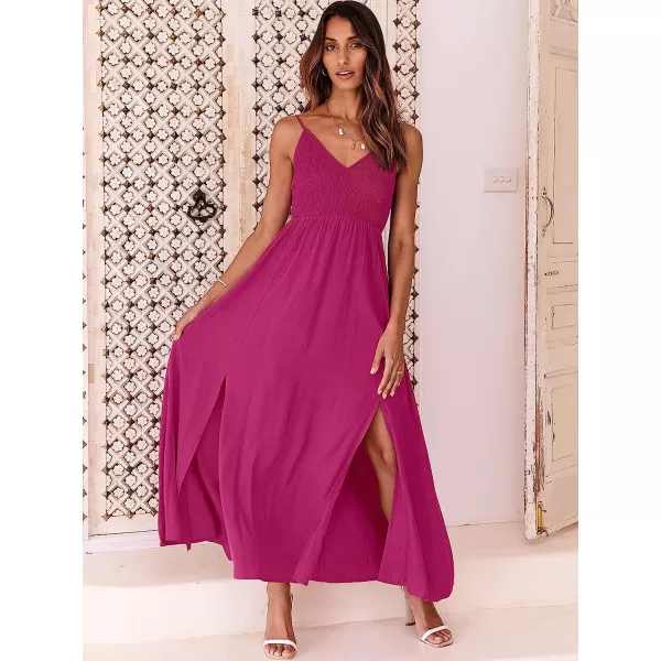 imageANRABESS Womens Summer Sleeveless Spaghetti Strap V Neck Smocked Backless Slit Maxi Beach DressRose