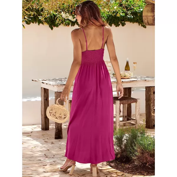 imageANRABESS Womens Summer Sleeveless Spaghetti Strap V Neck Smocked Backless Slit Maxi Beach DressRose