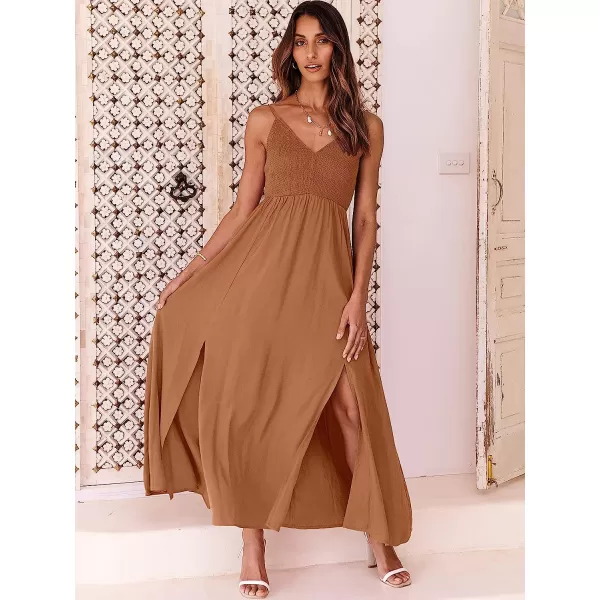 imageANRABESS Womens Summer Sleeveless Spaghetti Strap V Neck Smocked Backless Slit Maxi Beach DressRust