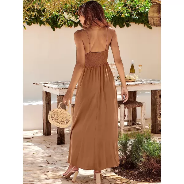 imageANRABESS Womens Summer Sleeveless Spaghetti Strap V Neck Smocked Backless Slit Maxi Beach DressRust