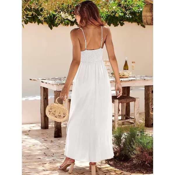 imageANRABESS Womens Summer Sleeveless Spaghetti Strap V Neck Smocked Backless Slit Maxi Beach DressWhite