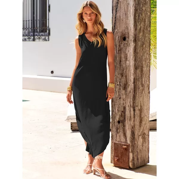 imageANRABESS Womens Summer Sleeveless V Neck Casual Loose Flowy Slit Maxi Beach Long Dresses with PocketsBlack