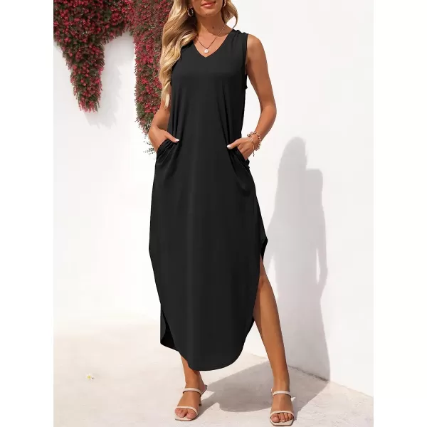 imageANRABESS Womens Summer Sleeveless V Neck Casual Loose Flowy Slit Maxi Beach Long Dresses with PocketsBlack