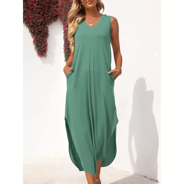 imageANRABESS Womens Summer Sleeveless V Neck Casual Loose Flowy Slit Maxi Beach Long Dresses with PocketsGrass