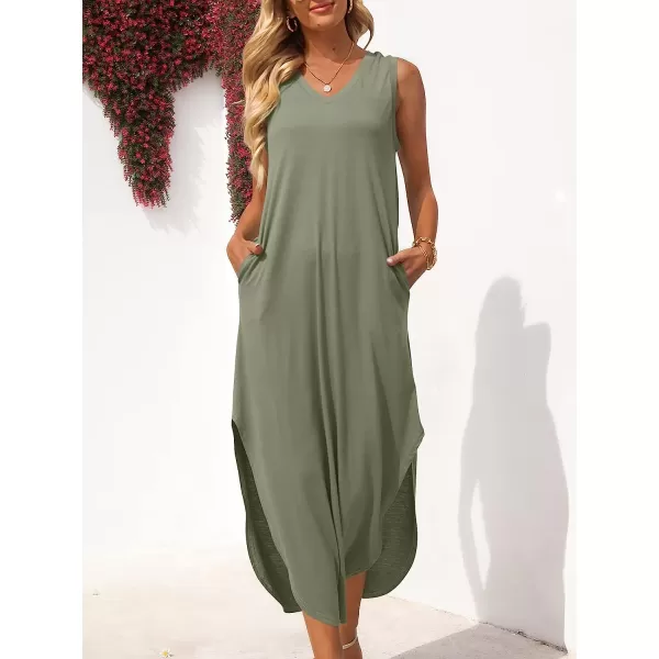 imageANRABESS Womens Summer Sleeveless V Neck Casual Loose Flowy Slit Maxi Beach Long Dresses with PocketsOlive