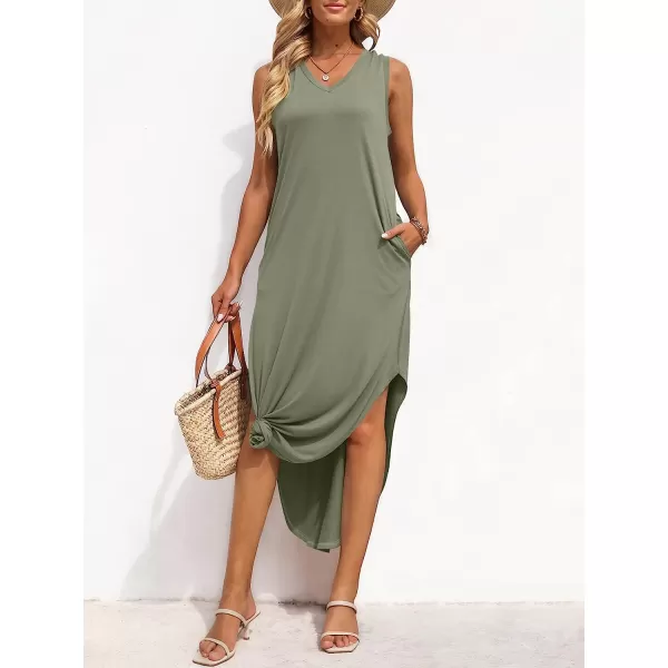 imageANRABESS Womens Summer Sleeveless V Neck Casual Loose Flowy Slit Maxi Beach Long Dresses with PocketsOlive