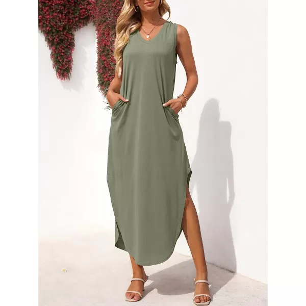imageANRABESS Womens Summer Sleeveless V Neck Casual Loose Flowy Slit Maxi Beach Long Dresses with PocketsOlive