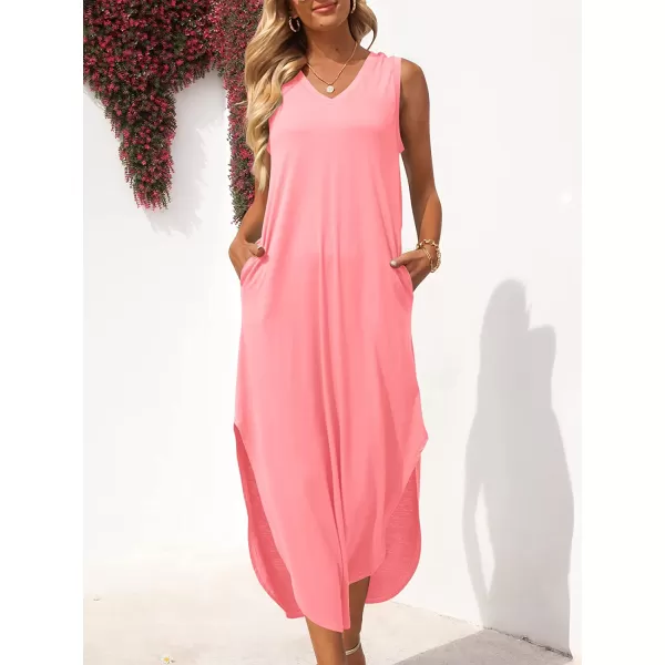 imageANRABESS Womens Summer Sleeveless V Neck Casual Loose Flowy Slit Maxi Beach Long Dresses with PocketsPink