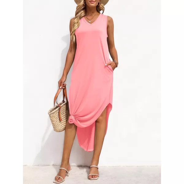 imageANRABESS Womens Summer Sleeveless V Neck Casual Loose Flowy Slit Maxi Beach Long Dresses with PocketsPink