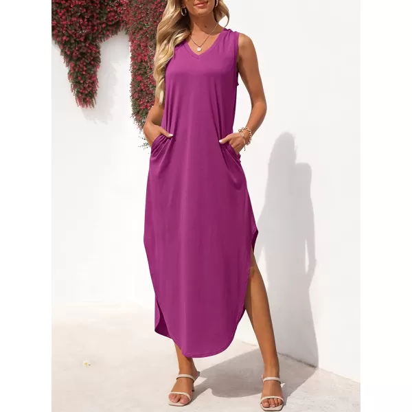 imageANRABESS Womens Summer Sleeveless V Neck Casual Loose Flowy Slit Maxi Beach Long Dresses with PocketsPurple
