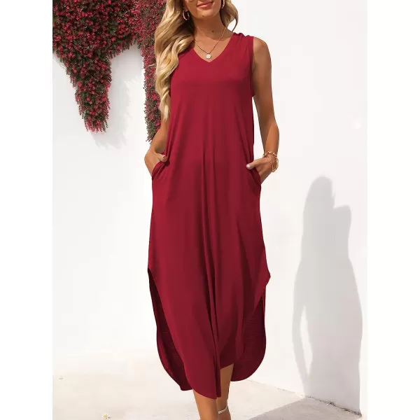 imageANRABESS Womens Summer Sleeveless V Neck Casual Loose Flowy Slit Maxi Beach Long Dresses with PocketsWine Red