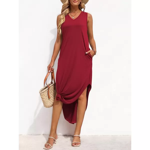 imageANRABESS Womens Summer Sleeveless V Neck Casual Loose Flowy Slit Maxi Beach Long Dresses with PocketsWine Red