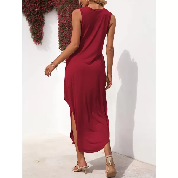 imageANRABESS Womens Summer Sleeveless V Neck Casual Loose Flowy Slit Maxi Beach Long Dresses with PocketsWine Red
