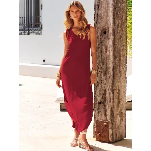 imageANRABESS Womens Summer Sleeveless V Neck Casual Loose Flowy Slit Maxi Beach Long Dresses with PocketsWine Red