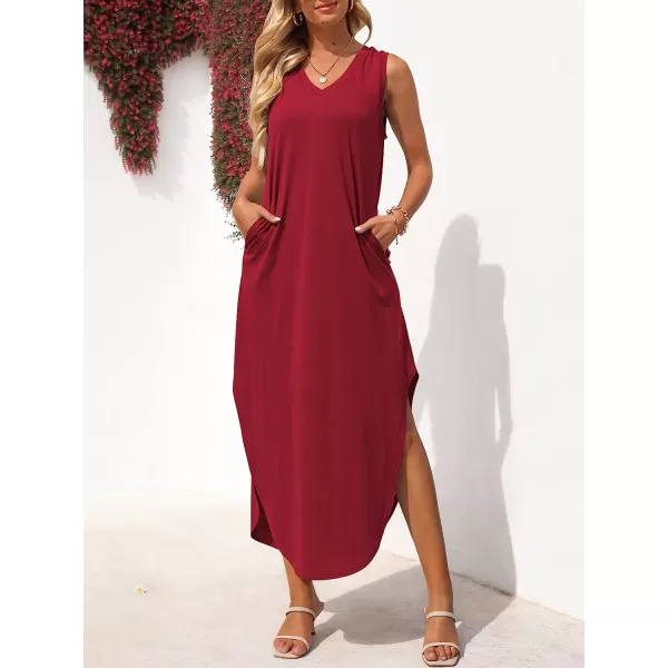 imageANRABESS Womens Summer Sleeveless V Neck Casual Loose Flowy Slit Maxi Beach Long Dresses with PocketsWine Red