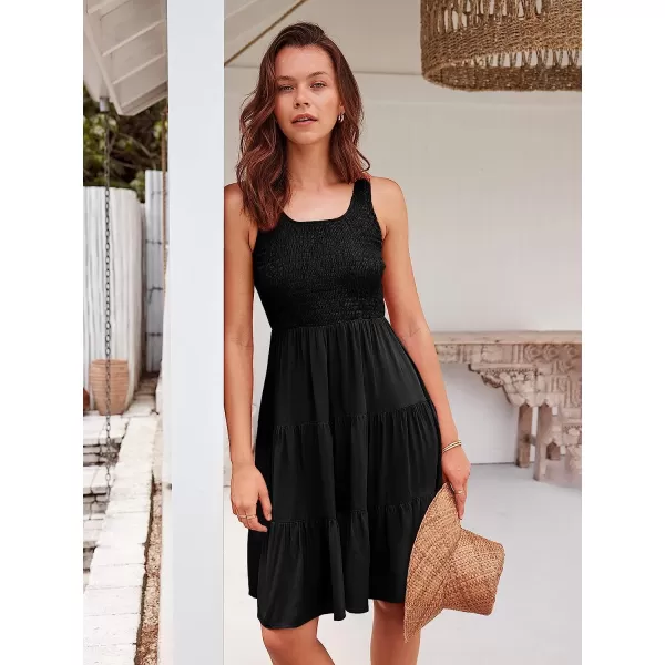 imageANRABESS Womens Summer Sleevelesss Scoop Neck Smocked Ruffle Tiered Mini Tank Beach DressBlack