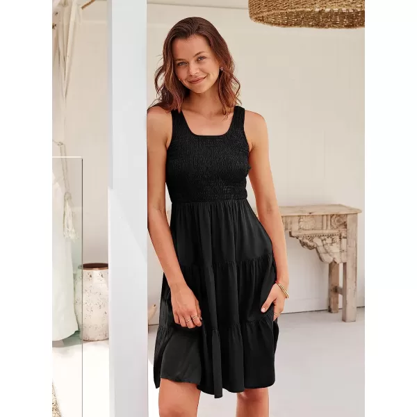 imageANRABESS Womens Summer Sleevelesss Scoop Neck Smocked Ruffle Tiered Mini Tank Beach DressBlack