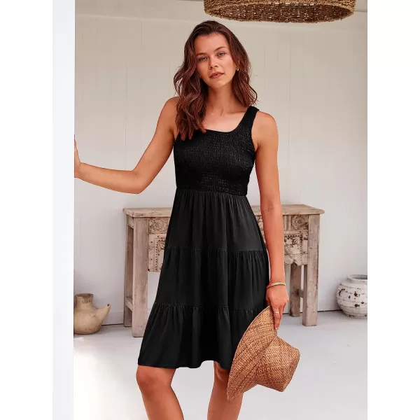 imageANRABESS Womens Summer Sleevelesss Scoop Neck Smocked Ruffle Tiered Mini Tank Beach DressBlack