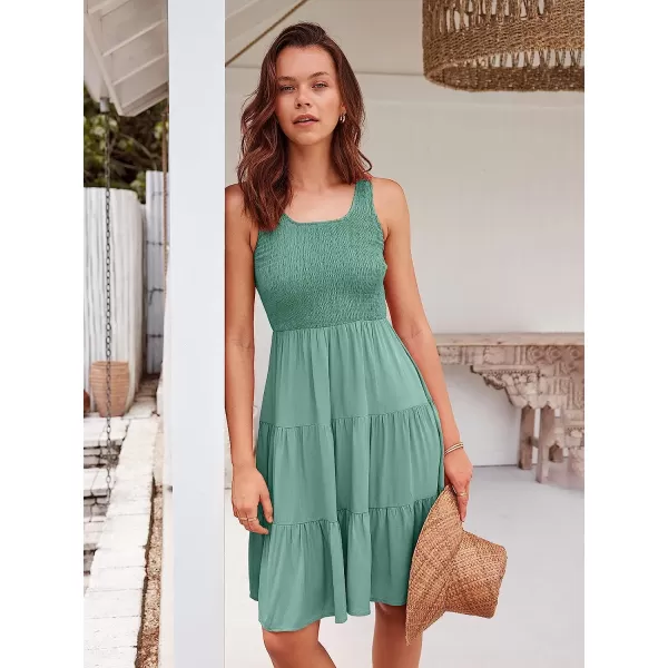 imageANRABESS Womens Summer Sleevelesss Scoop Neck Smocked Ruffle Tiered Mini Tank Beach DressGreen 01